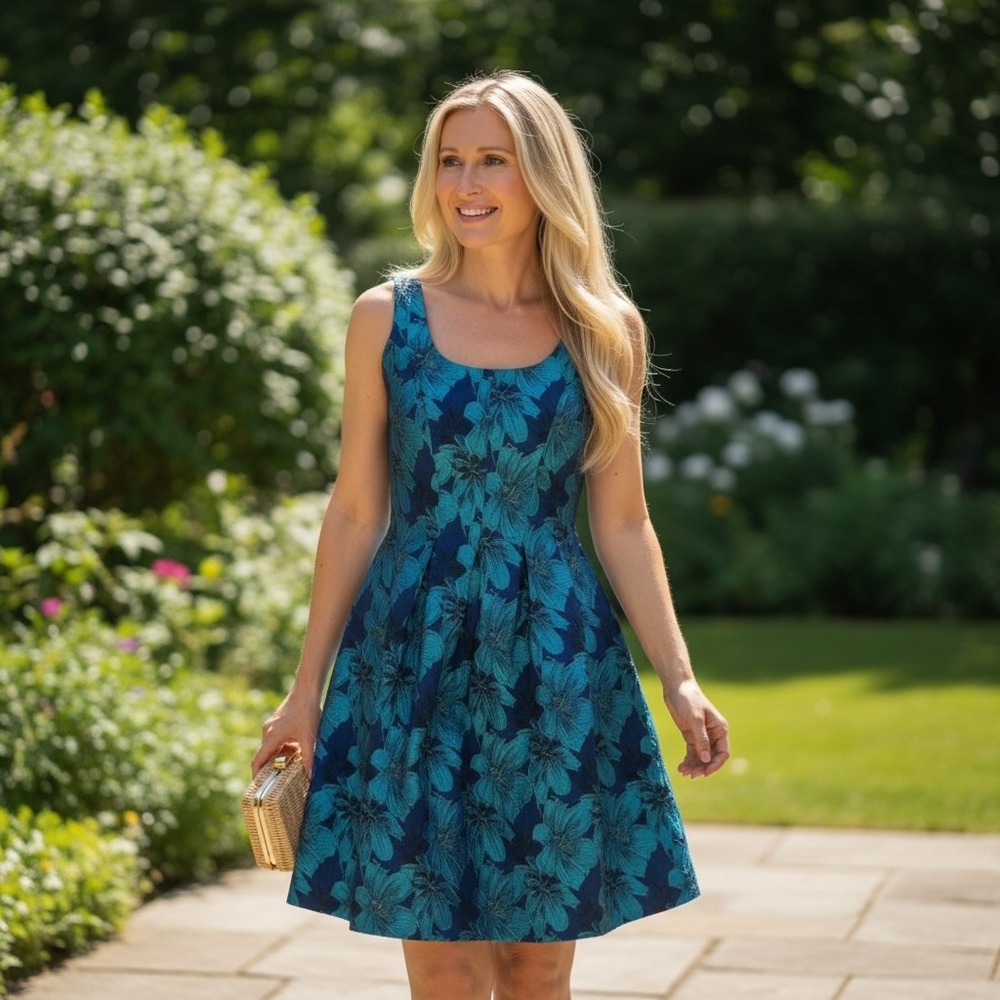 Pappagallo Teal Navy Blue Floral Jacquard Fit and Flare Cocktail Dress Size 2